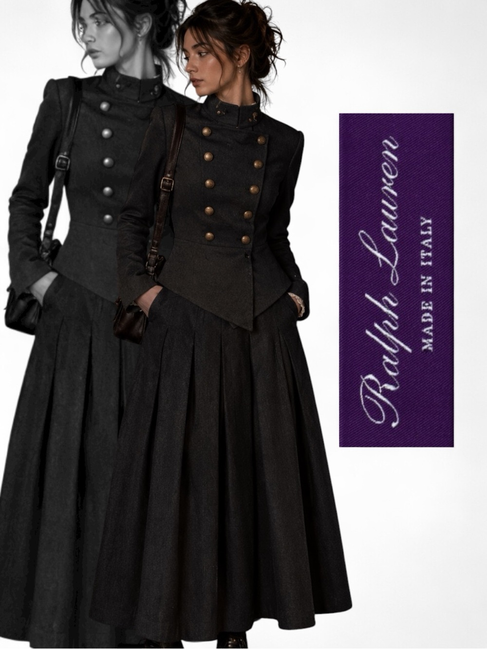 Vintage Ralph Lauren Purple Label Wool Charcoal Grey Pinstripes Midi Academia